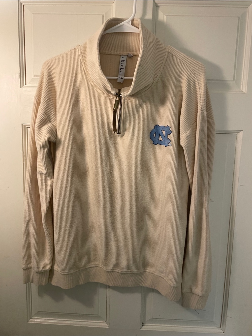 Unisex Cream Quarter-Zip Waffle Knit Sweater with Light Blue Logo